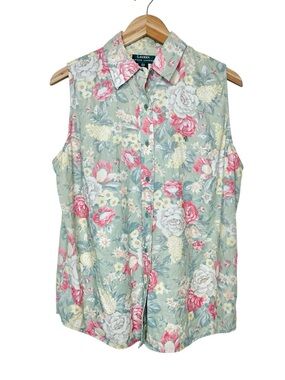 Lauren Ralph Lauren Linen Sleeveless Button-Up Top Size 16W Collar Floral Green